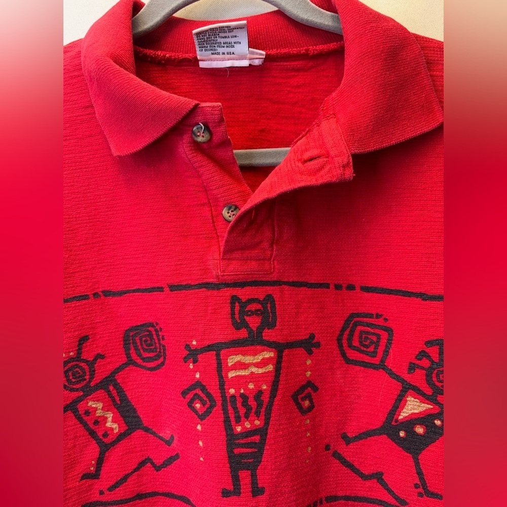 4FUN Vintage Red Long Sleeve Pullover Shirt Aztec Native American Art Red - Picture 6 of 9
